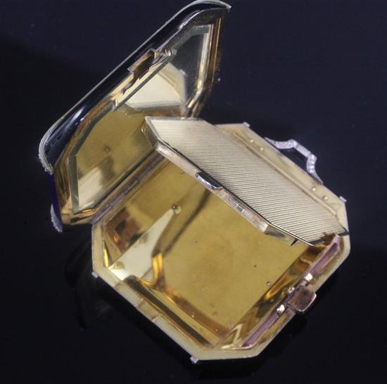 A French Art Deco 18ct gold, two colour enamel and rose cut diamond set octagonal compact, 2.25in.